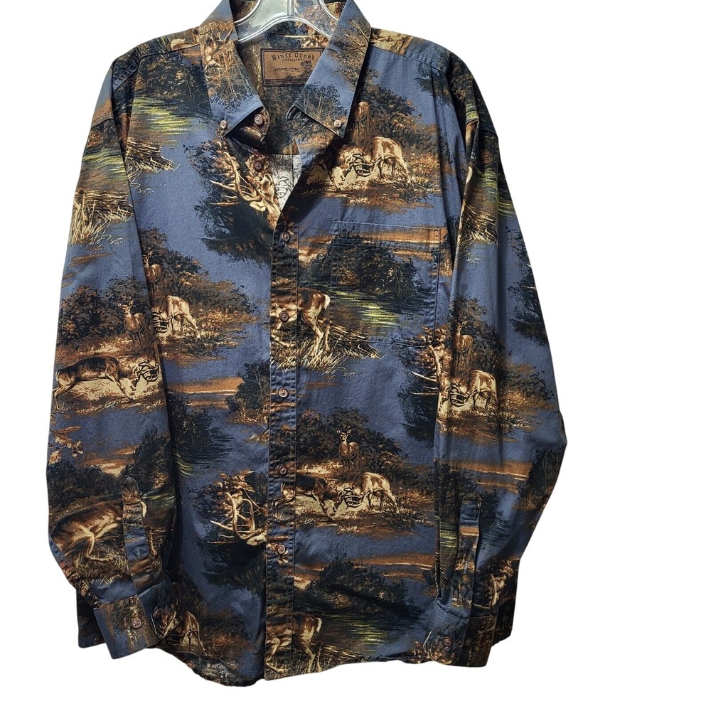 Bluff Creek Outfitters Mens XL Button Up Shirt Deer Hunting Blue Brown